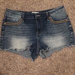 YMI Distressed Dark Wash Denim Cutoff Shorts with Embroidered Trim